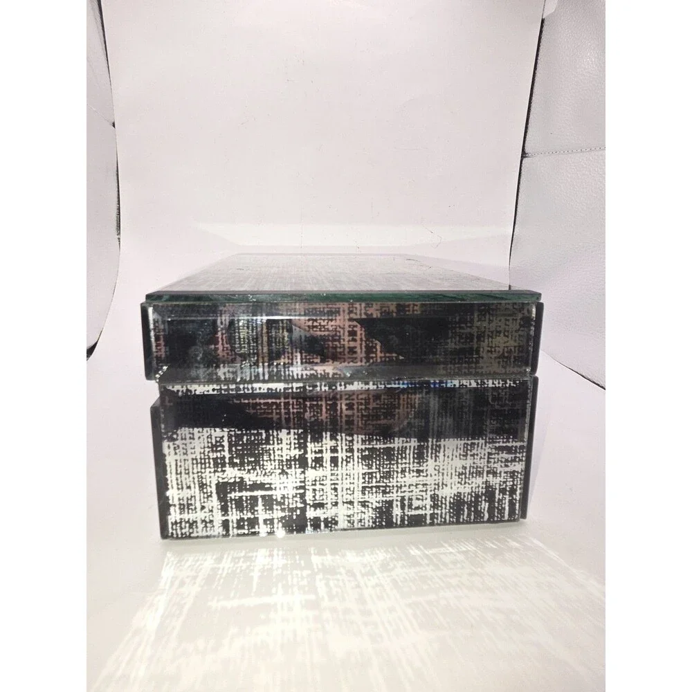 Vintage Glam Speckled Glass Trinket Box Beveled Panels Jewelry Box Silver Black